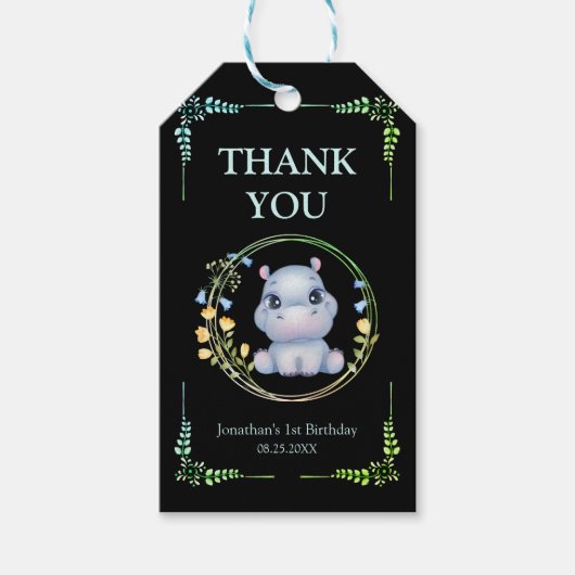 フラワーリースかわいいヒッポ誕生日サンキューブラック ギフトタグ (正面)