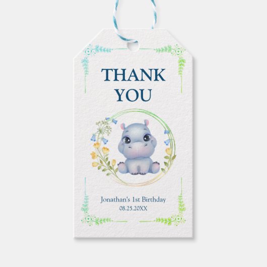 フラワーリースかわいいヒポタマス誕生日ありがとう ギフトタグ (正面)