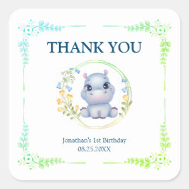 フラワーリースかわいいヒポタマス誕生日ありがとう スクエアシール