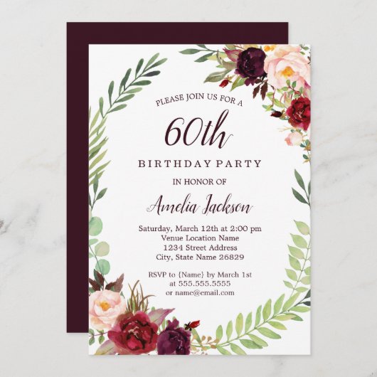 フラワーリースブルゴーニュ60誕生日 招待状 (正面/裏面)