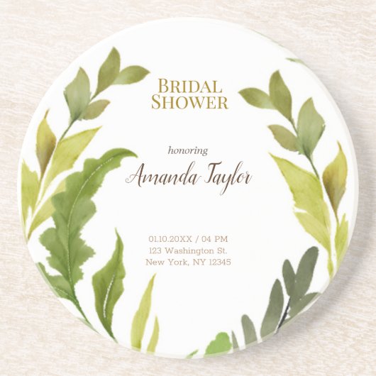 フラワーリーフグリーンウォーターカラーエレガントブライダルシャワー コースター (正面)