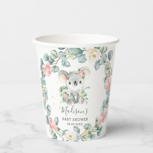 フラワーリーフ コアラ 赤ちゃん女の子 シャワー 誕生日 紙コップ (正面)