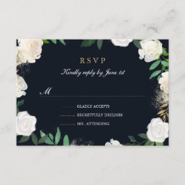 フラワーリーフ ブルッシュ ネイビー ゴールド ウェディング RSVP
