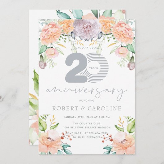 フラワール・ウォーターカラー20周年結婚記念日 招待状 (正面/裏面)