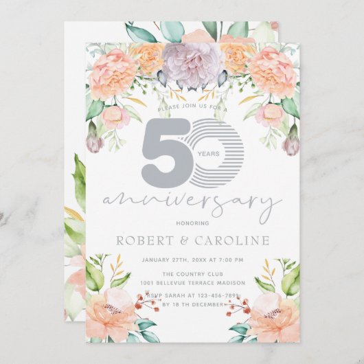 フラワール・ウォーターカラー 50周年結婚記念日 招待状 (正面/裏面)