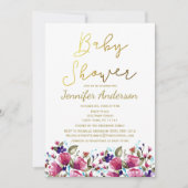 フラワール ゴールド ピンク ローズ ウォーターカラー ベビー シャワー 招待状 (正面)