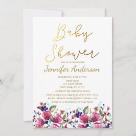 フラワール ゴールド ピンク ローズ ウォーターカラー ベビー シャワー 招待状