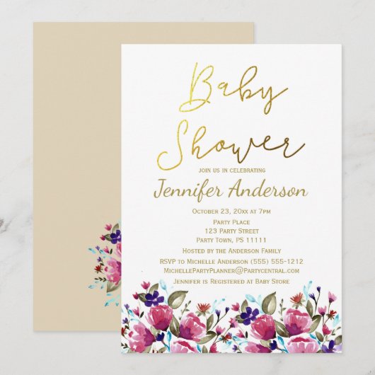 フラワール ゴールド ピンク ローズ ウォーターカラー ベビー シャワー 招待状 (正面/裏面)