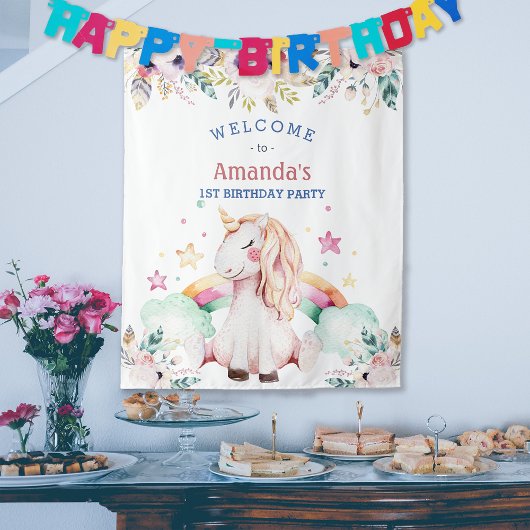 フラワーレインボーユニコーンガール誕生日へようこそ タペストリー