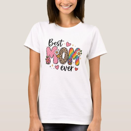 フラワーレオパードの虹色デザインのママ Tシャツ (正面)
