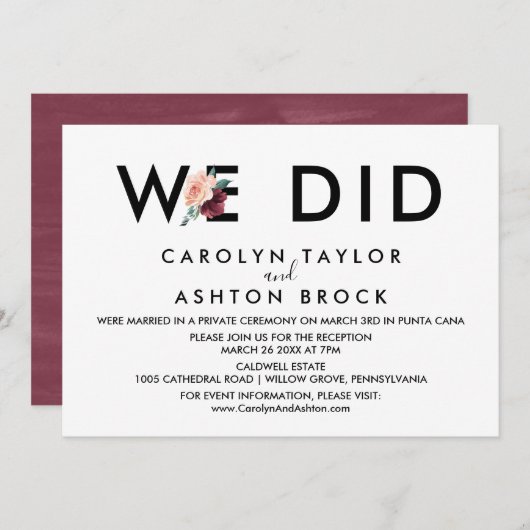 フラワーレタリング |マルーン披露宴のみ 招待状 (正面/裏面)