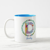 フラワーレターイニシャル「D」の名前パーソナライズされた付き ツートーンマグカップ (左)