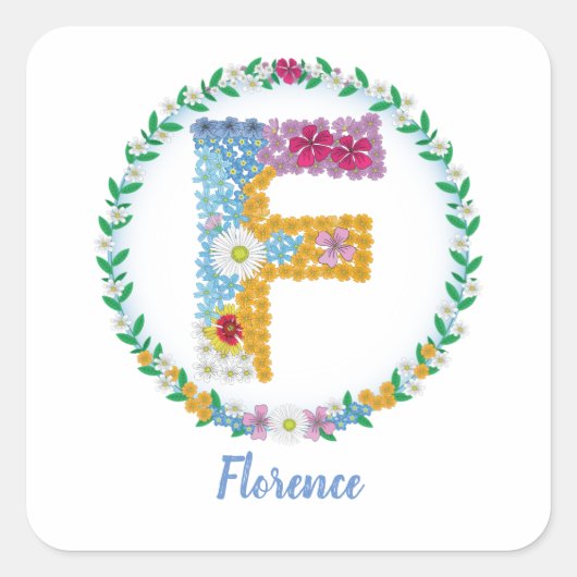 フラワーレターイニシャル「F」と名前パーソナライズされた付き スクエアシール (正面)