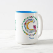 フラワーレターイニシャル「G」の名前パーソナライズされた付き ツートーンマグカップ (正面右)