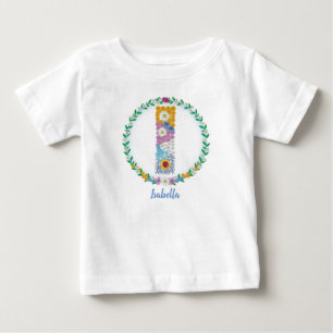 フラワーレターイニシャル「I」の名前パーソナライズされた付き ベビーTシャツ
