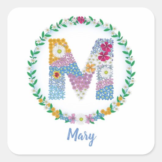 フラワーレターイニシャル「M」の名前パーソナライズされた付き スクエアシール (正面)