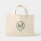 フラワーレターイニシャル「M」の名前パーソナライズされた付き ミニトートバッグ (正面)