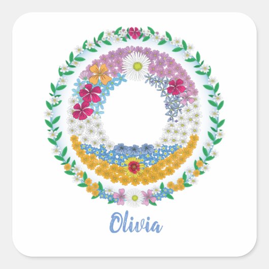 フラワーレターイニシャル「O」の名前パーソナライズされた付き スクエアシール (正面)