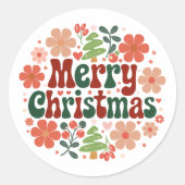 フラワーレッドとグリーンのメリークリスマス封筒シール ラウンドシール (正面)