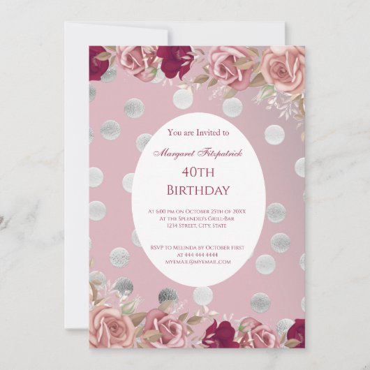 フラワーレッドピンクホワイトローゼバースデーパーティー 招待状 (正面)