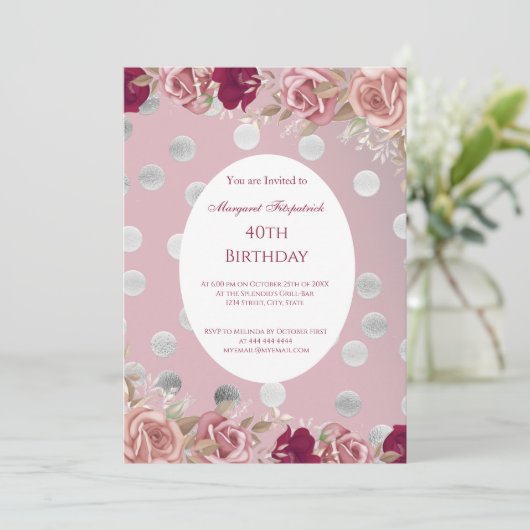 フラワーレッドピンクホワイトローゼバースデーパーティー 招待状 (スタンド正面)