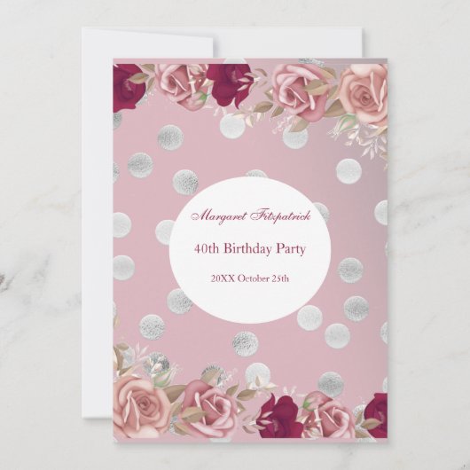 フラワーレッドピンクホワイトローゼバースデーパーティー 招待状 (裏面)
