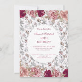フラワーレッドピンクローゼホワイトバースデーパーティー 招待状 (正面)