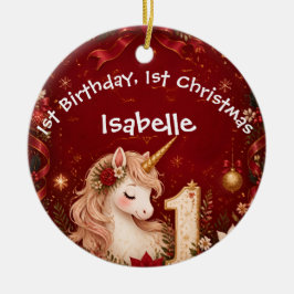 フラワーレッドユニコーン1歳の誕生日クリスマス セラミックオーナメント