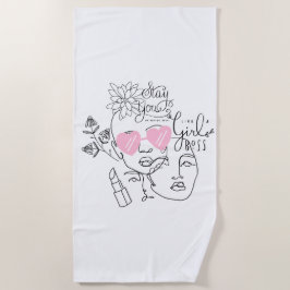 フラワーレディーラインアート付引用文 ビーチタオル