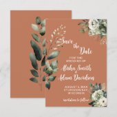 フラワーレースグリーンとテラコッタの結婚式延期カード セーブザデート (正面/裏面)