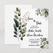 フラワーレースグリーン＆ブッシュのSave The Dateカード セーブザデート (正面/裏面)