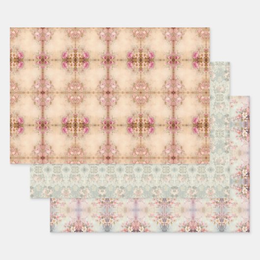 フラワーロマンチックヴィンテージシック ラッピングペーパーシート (セット)
