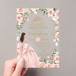 フラワーローズの淡いピンクのQuinceañera(キンセアニェーラ)15歳の誕生日 アクリル招待状