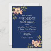 フラワーローズゴールドネイビーブルーの結婚式 招待状 (正面)