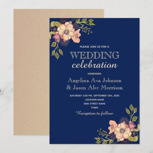 フラワーローズゴールドネイビーブルーの結婚式 招待状 (正面/裏面)