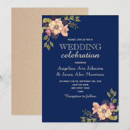 フラワーローズゴールドネイビーブルーの結婚式 招待状