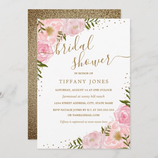 フラワーローズピンクゴールド水彩画 ブライダルシャワー 招待状 (正面/裏面)