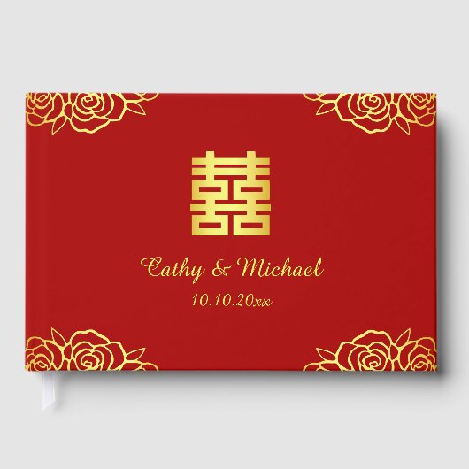 フラワーローズ 赤 金色 中国 結婚式 二次会 ゲストブック (正面)