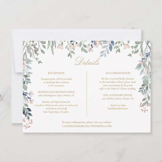 フラワーワイルドフラワーズゴールド結婚式詳細カード 招待状 (正面)