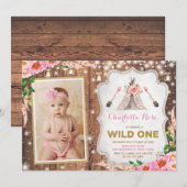 フラワーワイルドワン 1歳の誕生日 ラスティック ティーピー パーティー 招待状 (正面/裏面)