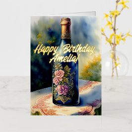 フラワーワインボトル 誕生日 箔グリーティングカード