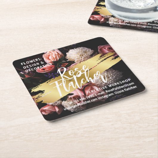 フラワーワークショップブラック金ゴールド スクエアペーパーコースター (アングル)