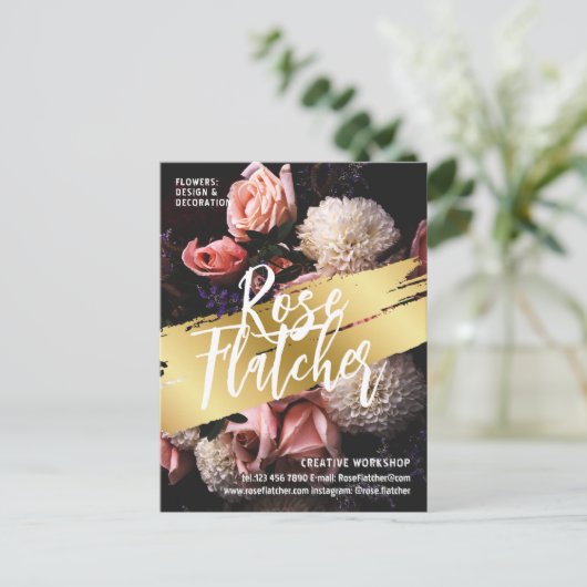 フラワーワークショップブラック金ゴールド ポストカード (スタンド正面)