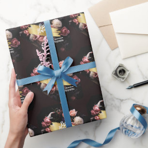 フラワーワークショップブラック金ゴールド ラッピングペーパー