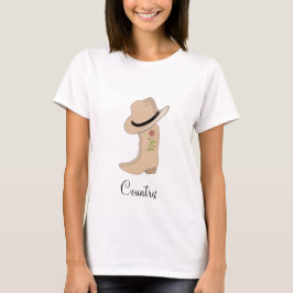 フラワー付きカントリーべージュの帽子とブーツ Tシャツ