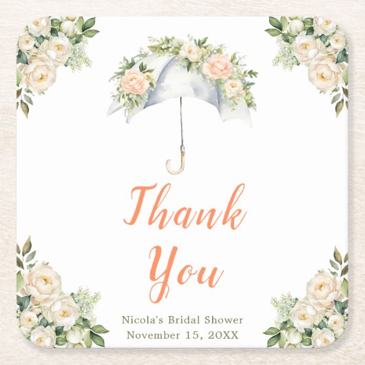 フラワー傘 ブライダルシャワー スクエアペーパーコースター (正面)