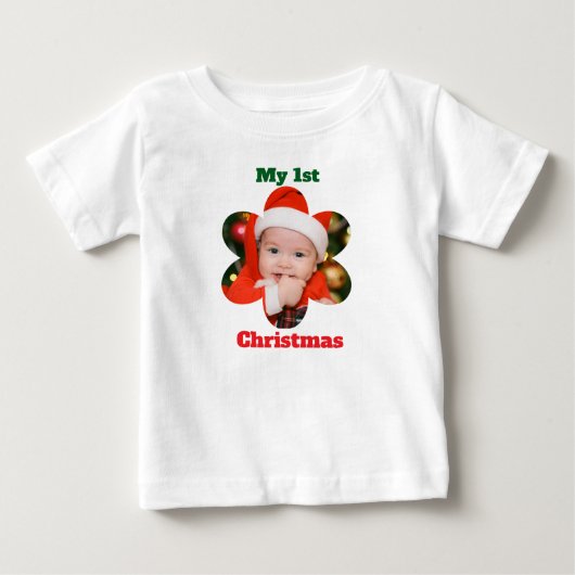 フラワー型 私の初めてのクリスマス 写真 ベビーTシャツ (正面)