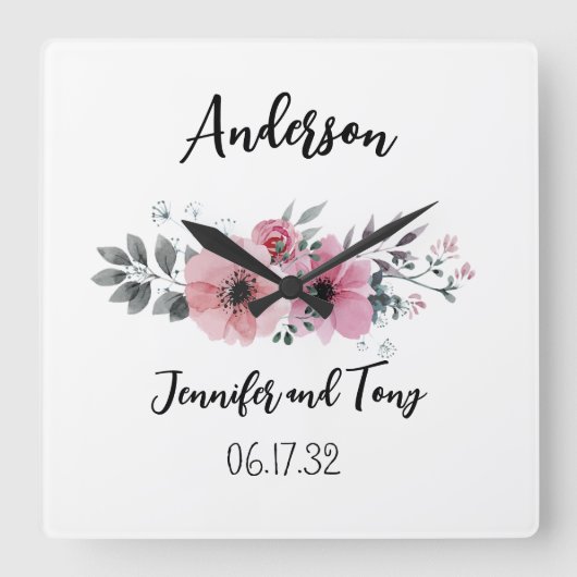 フラワー時計 ピンクの花とバラの結婚祝い スクエア壁時計 (正面)