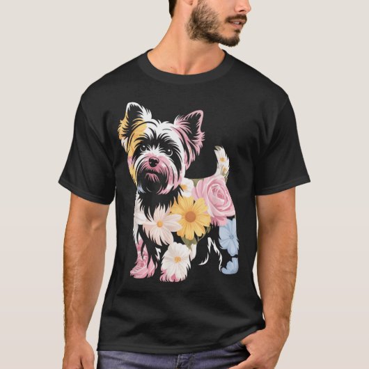 フラワー柄 女性 かわいい ヨークシャテリア 愛犬の母 Tシャツ (正面)