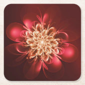 フラワー白熱［赤熱］光を放つフラクタルスパークルレッド スクエアペーパーコースター (正面)